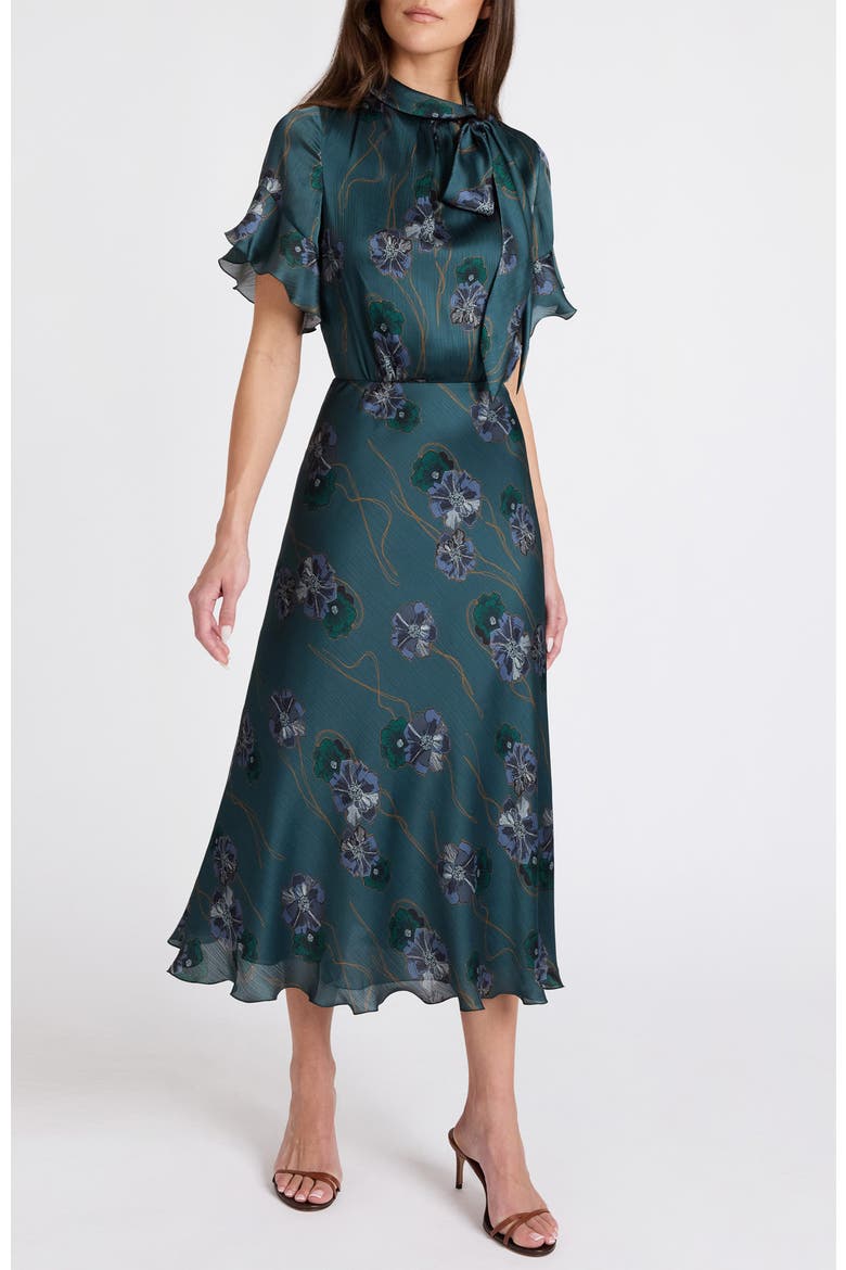 Sabrina Short Sleeve Tie Neck Midi Dress, Alternate, color, Steel Teal