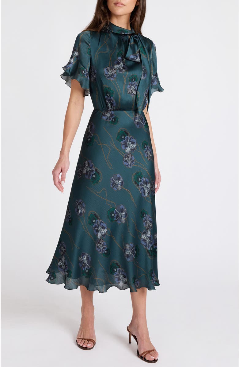 Santorelli Sabrina Short Sleeve Tie Neck Midi Dress, Alternate, color, Steel Teal