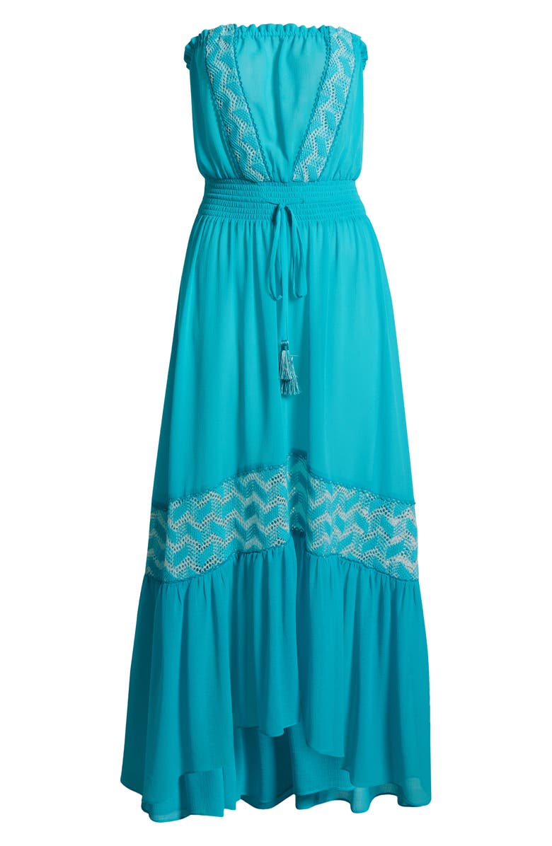 Ramy Brook Dorian Strapless Semisheer Cover-Up Maxi Sundress, Alternate, color, Beach Blue W/ White