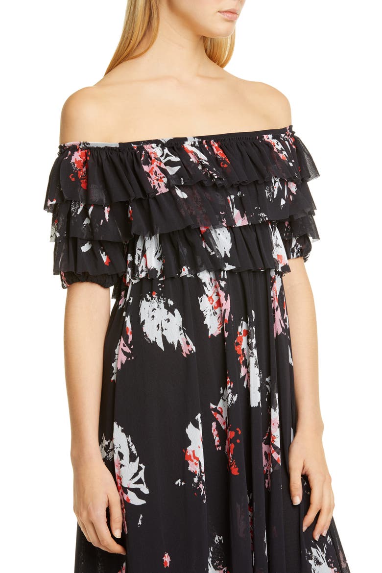 Ruffle Floral Print Off the Shoulder Tulle Dress, Alternate, color, NERO