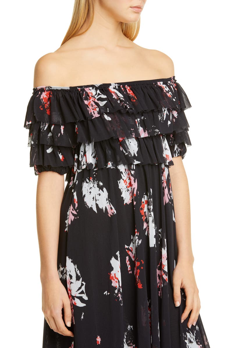 Fuzzi Ruffle Floral Print Off the Shoulder Tulle Dress, Alternate, color, 