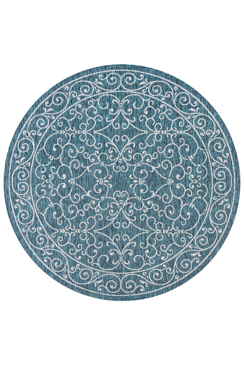 Charleston Vintage Filigree Textured Weave Indoor/Outdoor Round Area Rug, Alternate, color, Teal/Gray