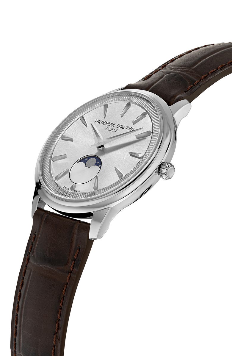 FREDERIQUE CONSTANT Classics Moneta Moon Phase Leather Strap Watch, 37mm, Alternate, color, Silver-Tone