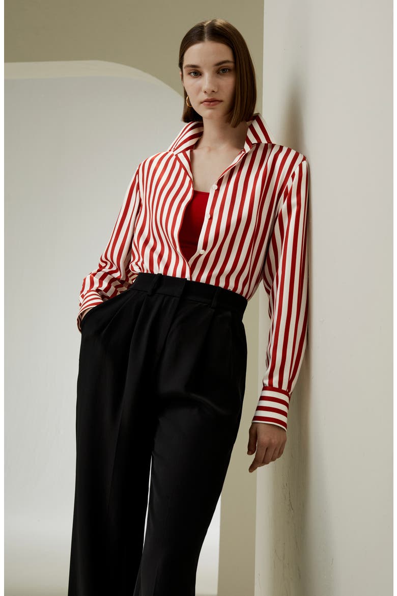 Women's Classic Striped Silk Shirt, Alternate, color, Red White Pinstripes