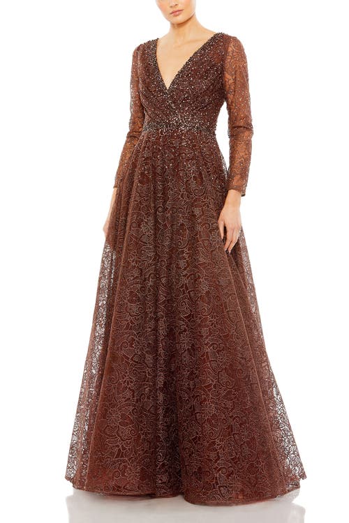 Mac Duggal Floral Embellished Illusion Long Sleeve A-line Gown In Chocolate