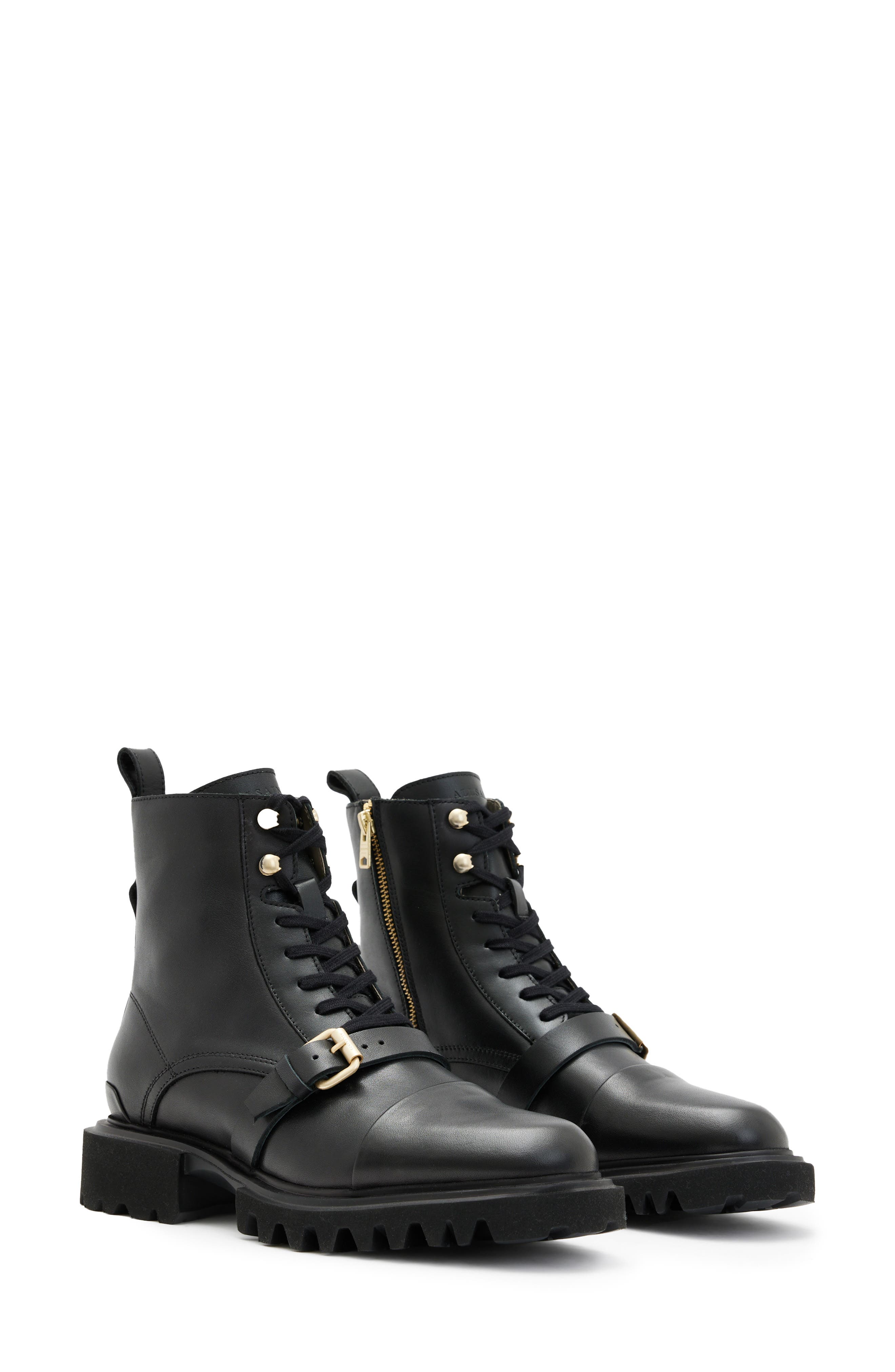 AllSaints Tori Lug Sole Combat Boot, Main, color, Black/ Warm Brass