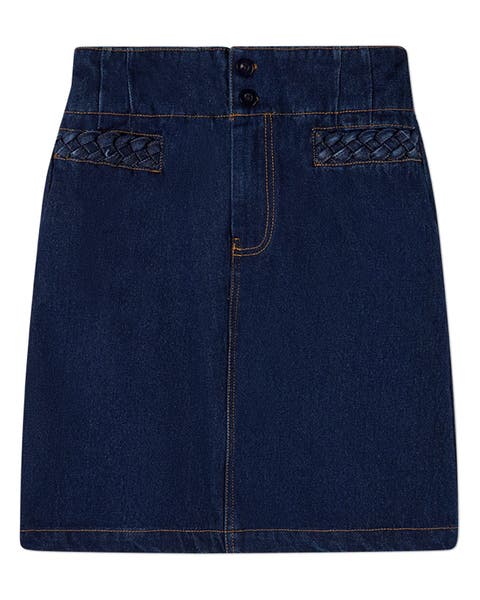 Cotton Denim Long Skirt with Braided-Trim Pockets