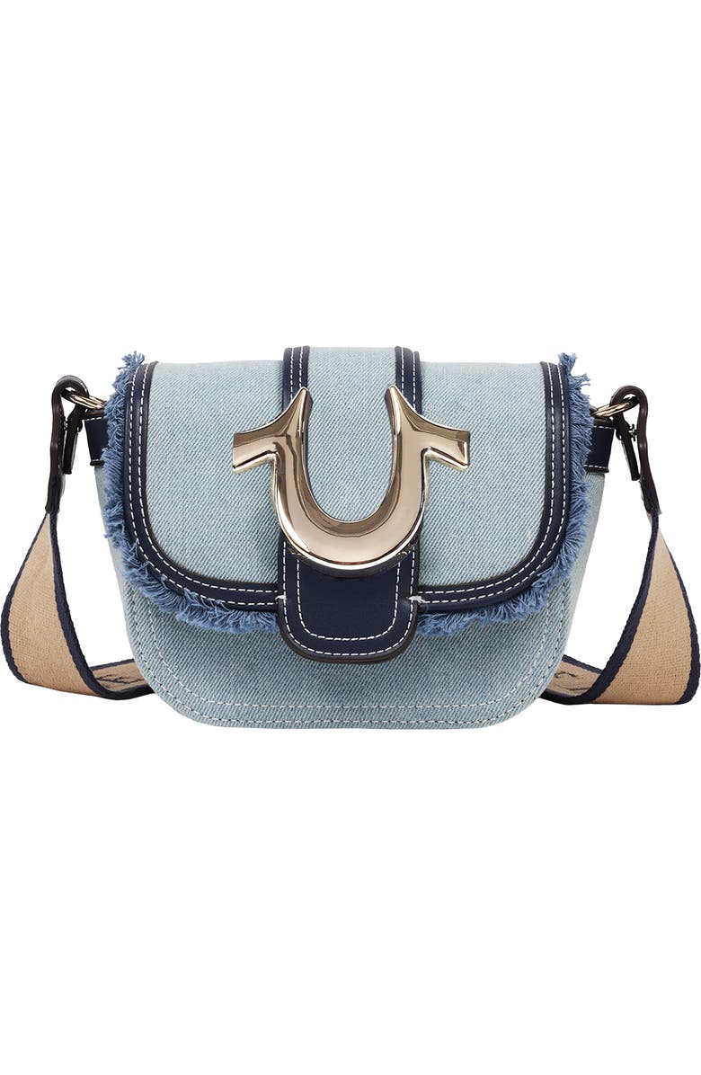 True Religion Asher Frayed Edge Mini Flap Crossbody Bag, Main, color, Denim