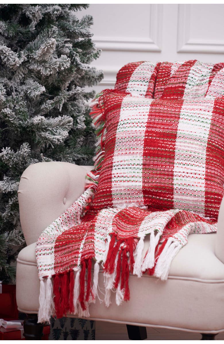 C&F Home Candy Cane Mélange Cotton Blend Christmas Accent Throw Pillow w/ Fringe 18" x 18", Alternate, color, Red