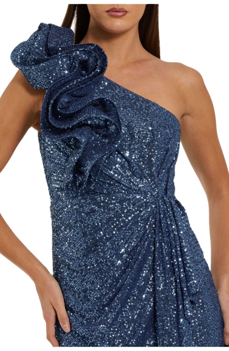Mac Duggal Women's One Shoulder Sequin Ruffle Detail Gown, Alternate, color, Ocean