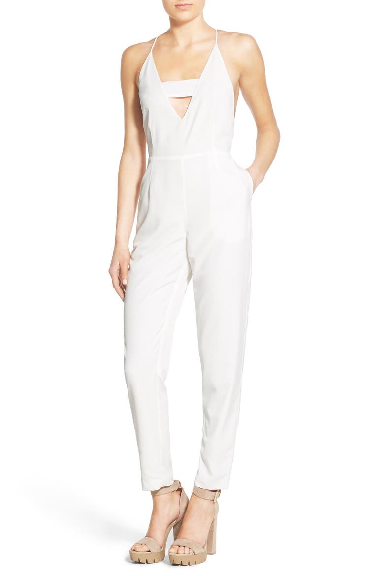 Banded V-Neck Jumpsuit, Main, color, WHITE