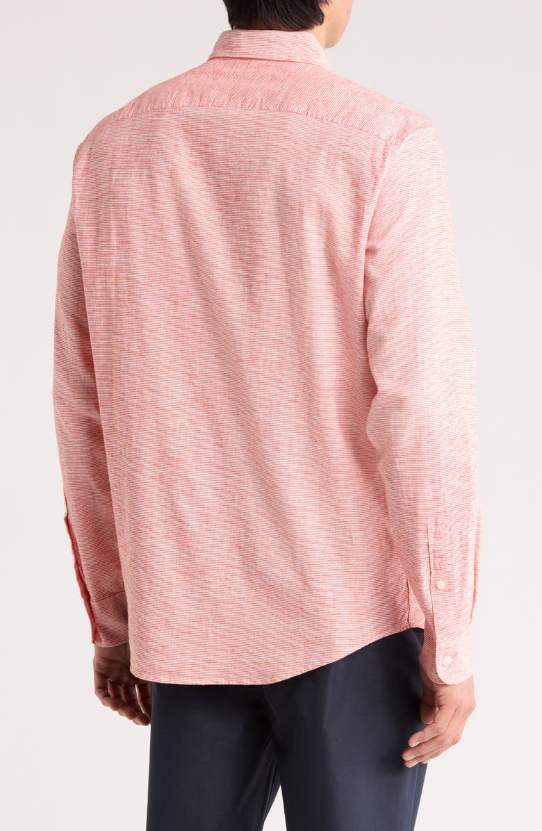 Original Penguin Stripe Stretch Linen & Cotton Button-Down Shirt, Alternate, color, Cherry Tomoato