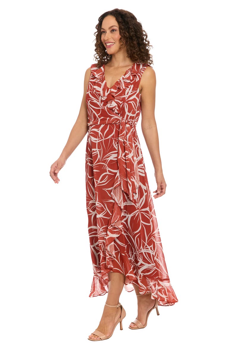 Ruffle Sleeveless Faux Wrap Dress, Alternate, color, BROWN/ WHITE
