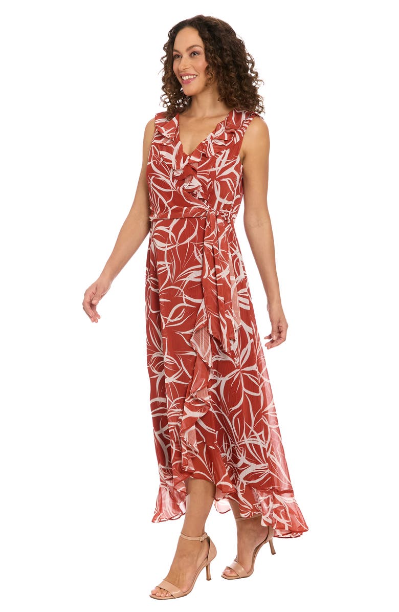 London Times Ruffle Sleeveless Faux Wrap Dress, Alternate, color, Brown/ White