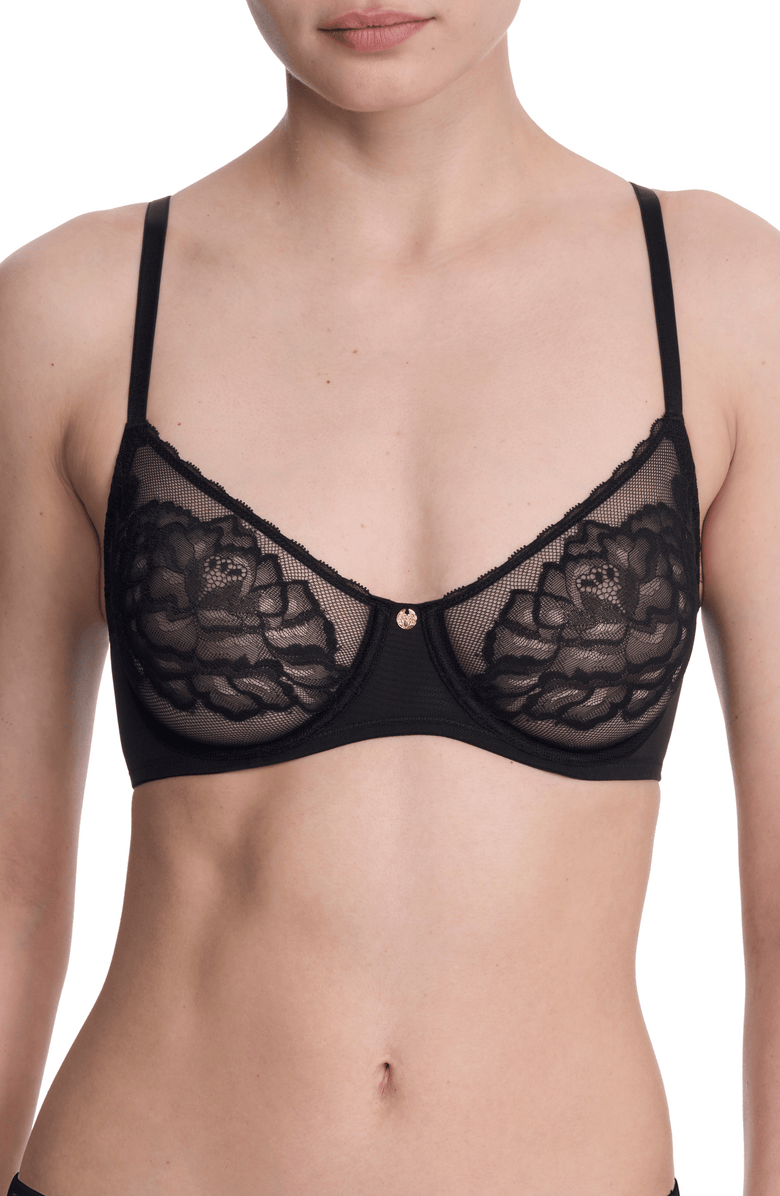 Natori Flora Unlined Lace Balconette Underwire Bra, Main, color, Black