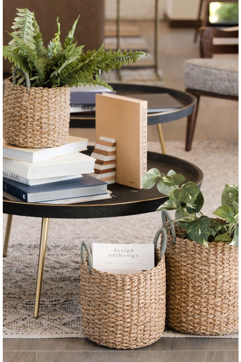 Seagrass Woven Baskets with Sky Blue Handles, Set of 3, Alternate, color, Natural