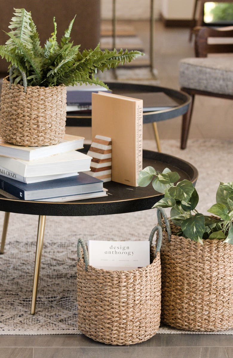 LIKHA Seagrass Woven Baskets with Sky Blue Handles, Set of 3, Alternate, color, Natural