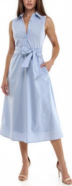 Socialite Sleeveless Tie Waist Cotton Poplin Midi Shirtdress