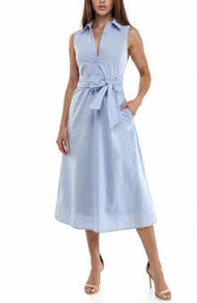 Socialite Sleeveless Tie Waist Cotton Poplin Midi Shirtdress
