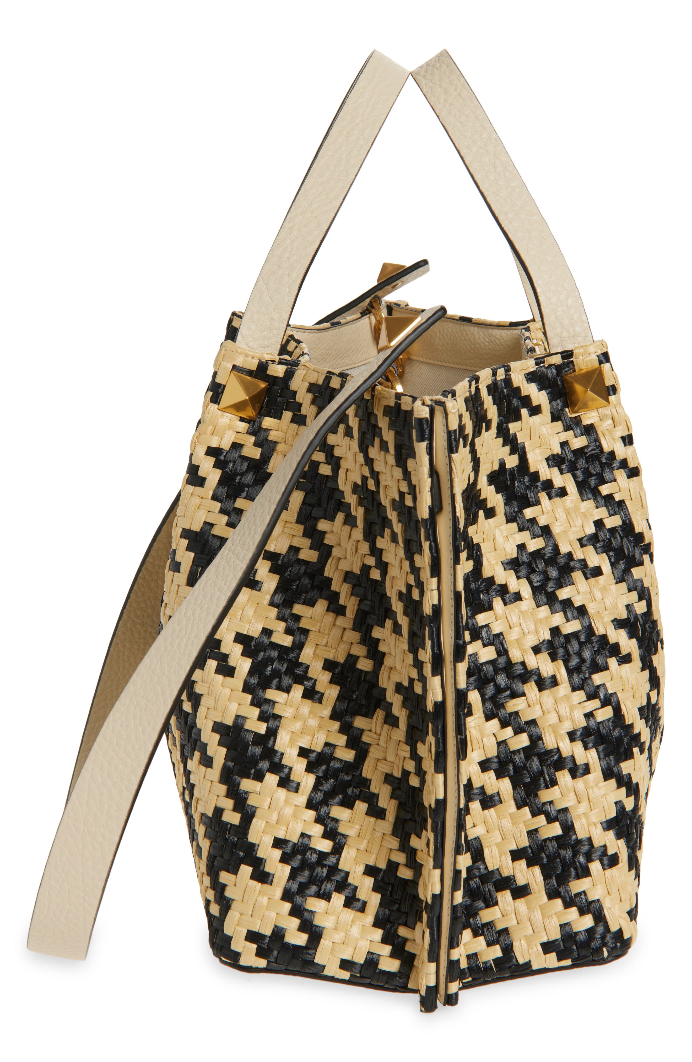 Valentino Garavani Medium VLOGO Signature Houndstooth Raffia Tote, Alternate, color, 