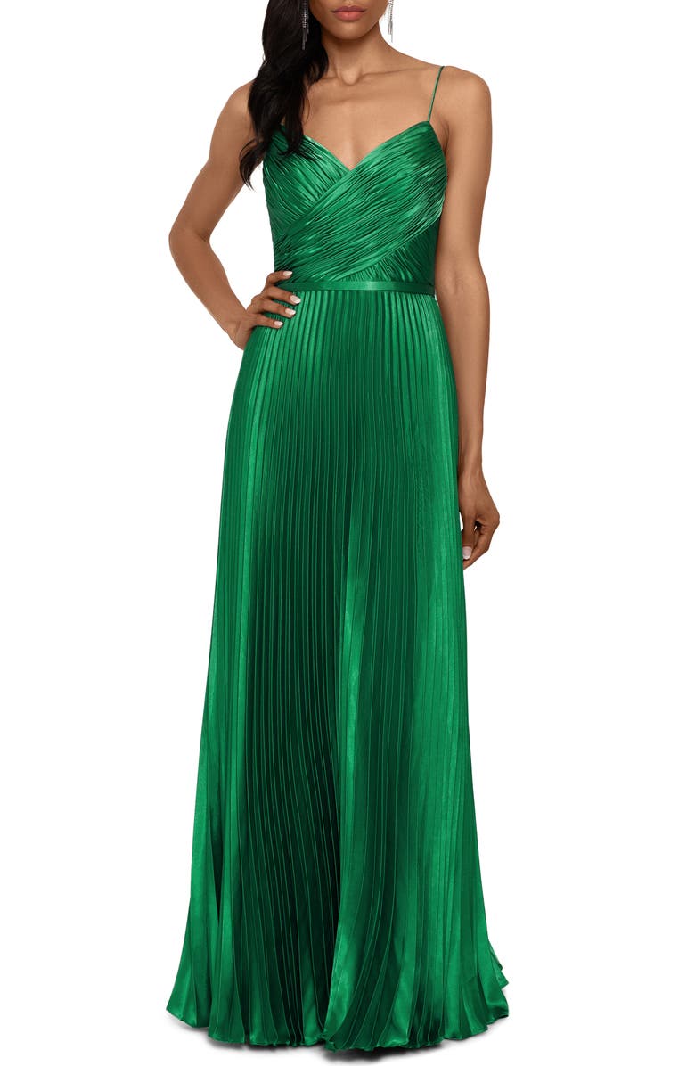 Betsy & Adam Crisscross Pleated Satin A-Line Gown, Main, color,