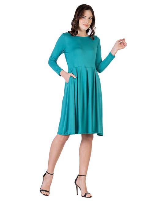 24seven Comfort Apparel Midi Length Fit N Flare Pocket Dress In Green