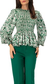 IVONNE Green Baroque Print Smocked Peplum Blouse