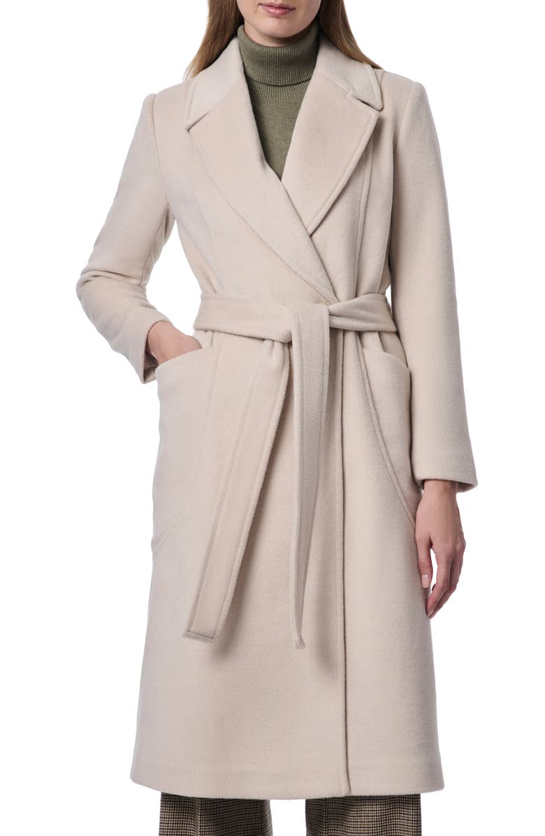 Bernardo Belted Wool Blend Longline Coat, Main, color, Putty