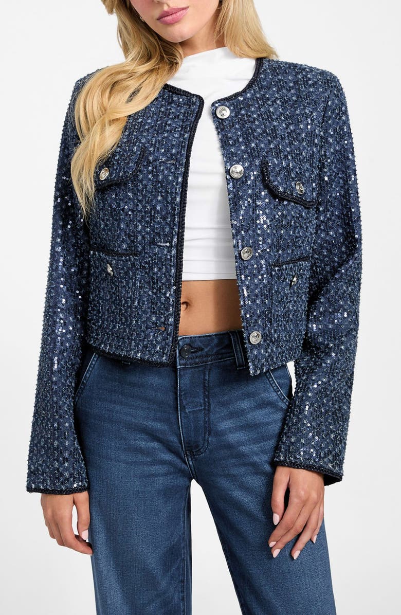 GUESS Elisa Sequin Crop Jacket, Main, color, Blue