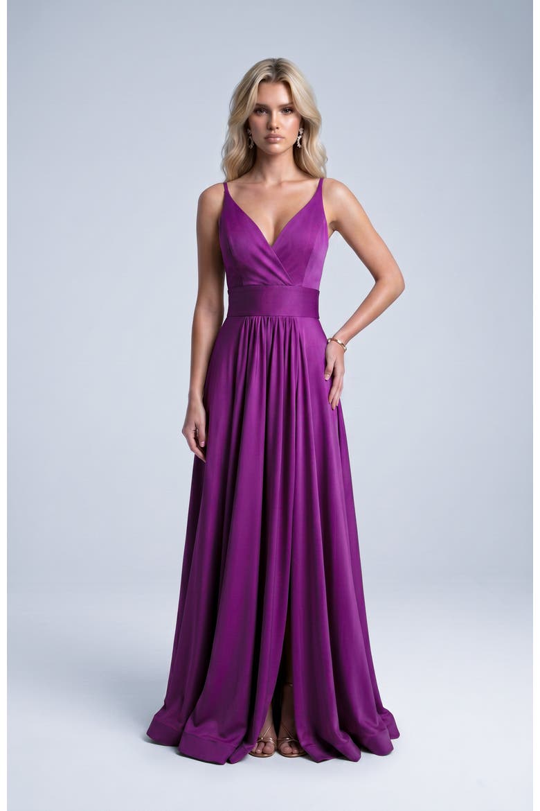 Cross Front Neck Empire Waist Satin Gown, Alternate, color, Plum