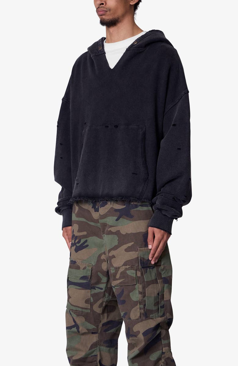 mnml Destroyed V-Neck Hoodie, Alternate, color, Washed Black