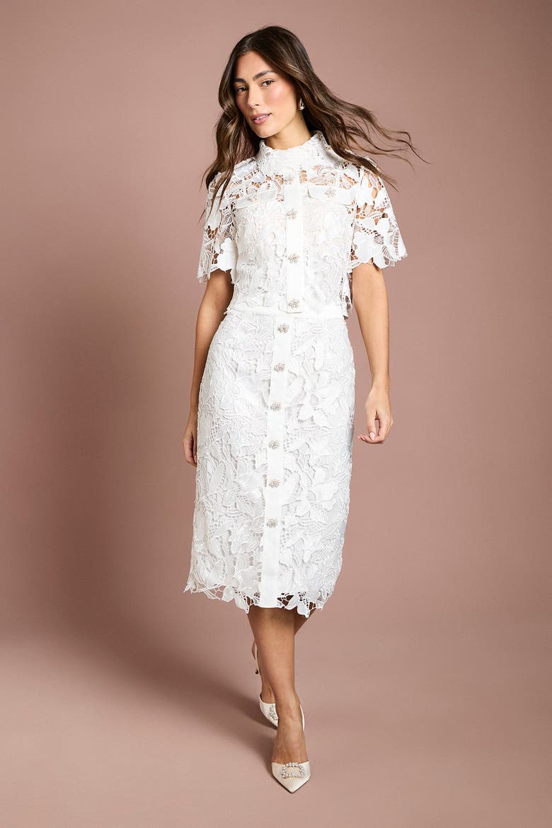 Lace Detail Short Sleeve Collared Shirt, Alternate, color, Ivory