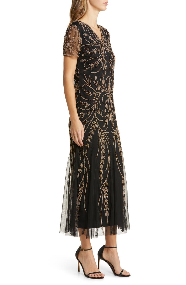 Pisarro Nights V-Neck Embellished Mesh Gown, Alternate, color, Black/ Gold