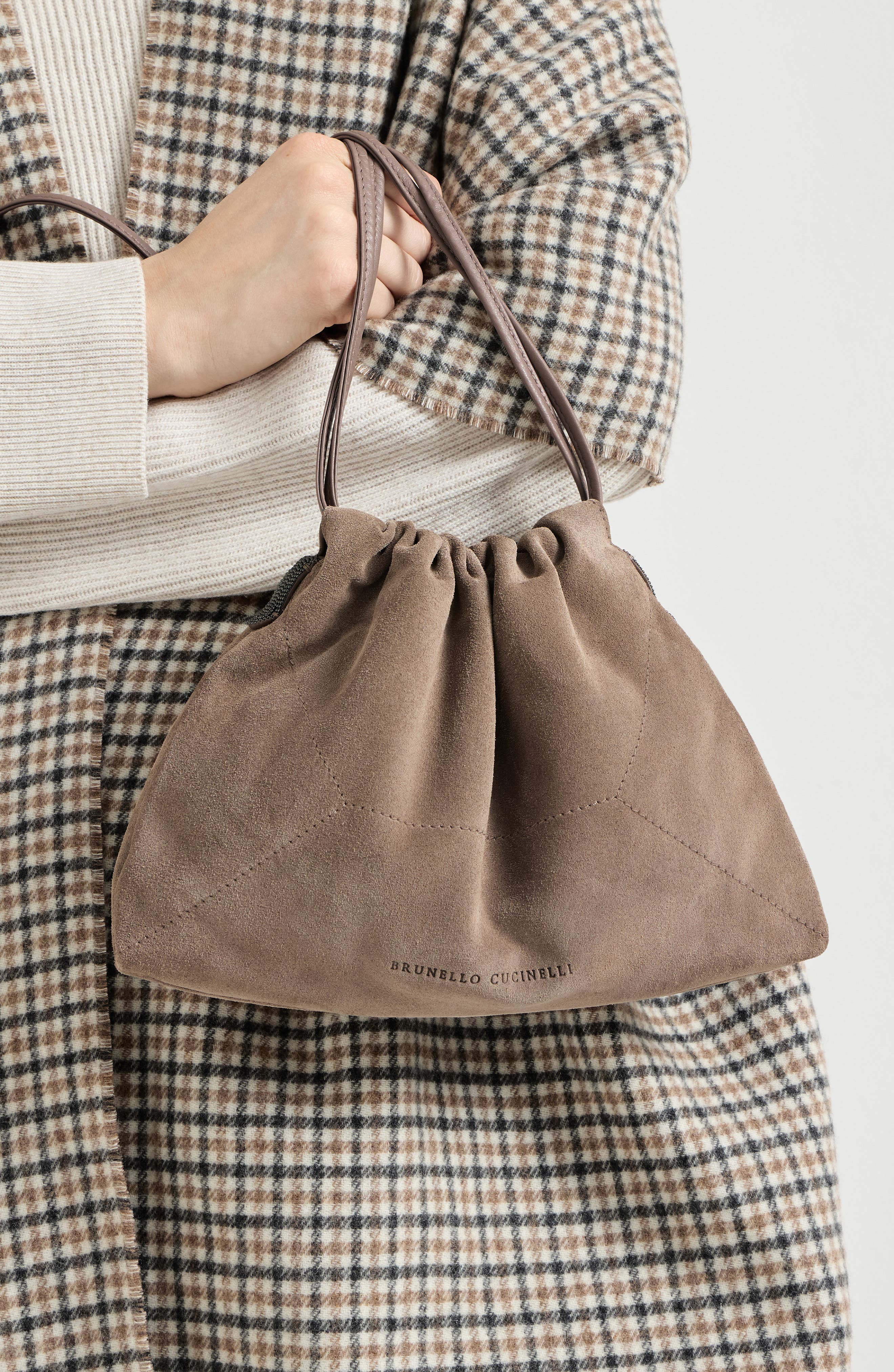 Pouch bag in suede with monili, Alternate, color, Brown