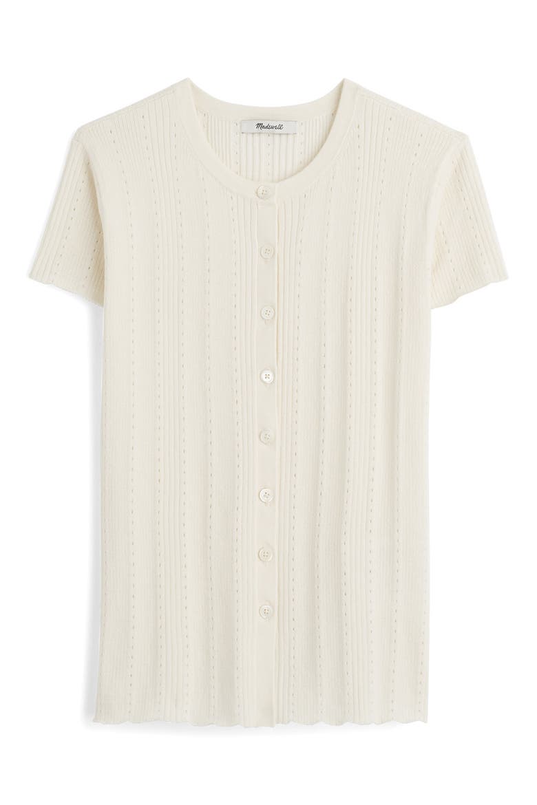 Short Sleeve Pointelle Cotton Blend Cardigan, Alternate, color, IVORY