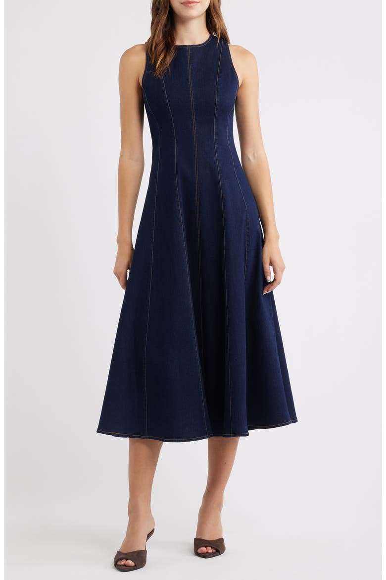 Topstitch Detail Sleeveless Denim Dress, Main, color, DENIM BLUE