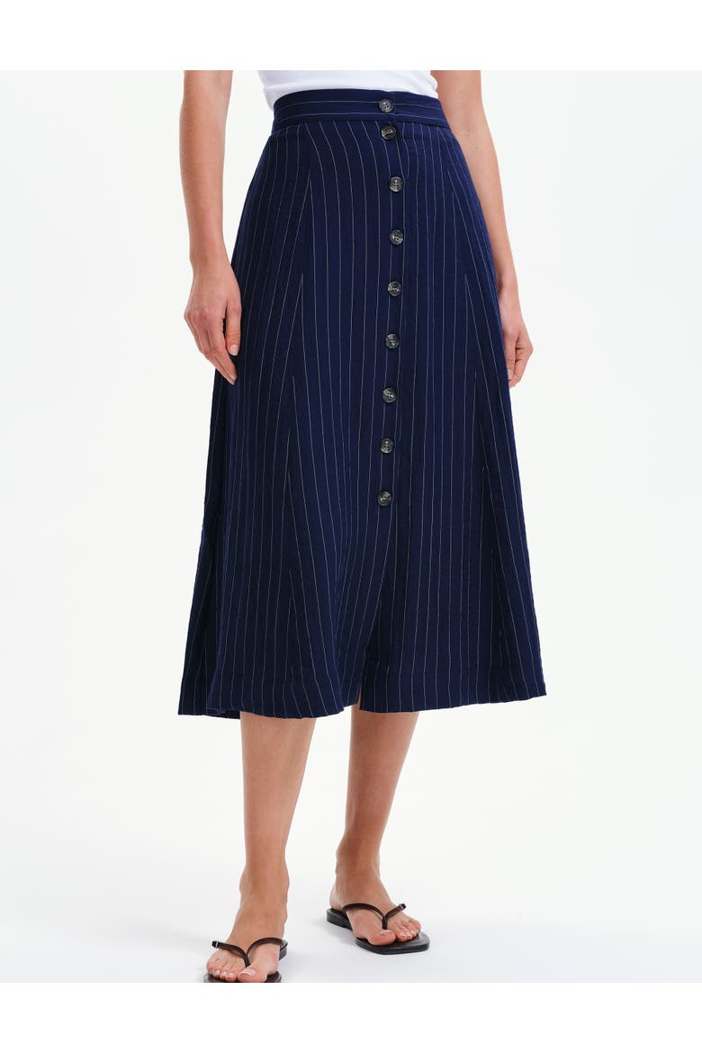 Frances Stripe Button Through Midi Skirt, Main, color, Navy Stripe