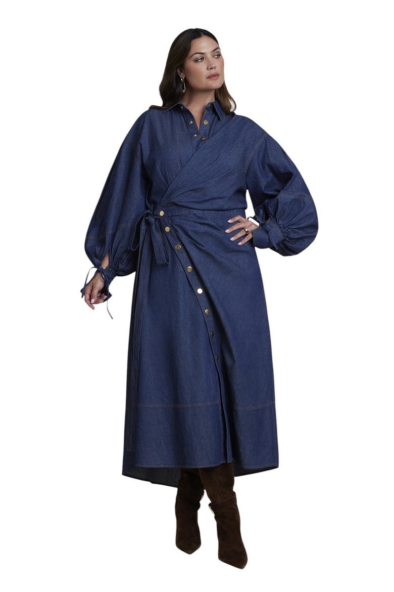 Balloon Denim Maxi Shirt Dress (plus), Main, color, DARK WASH