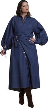 ELOQUII Balloon Denim Maxi Shirt Dress (plus)