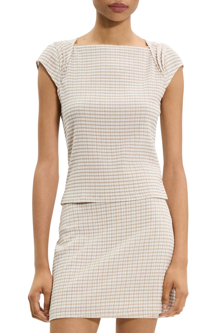 Gingham Crinkle Cap Sleeve Top, Main, color, TAUPE MULTI