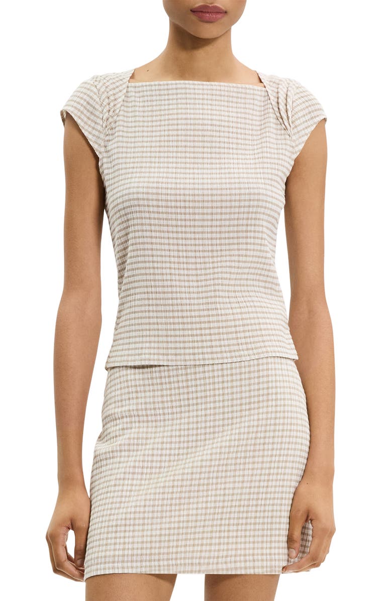 Theory Gingham Crinkle Cap Sleeve Top, Main, color, Taupe Multi