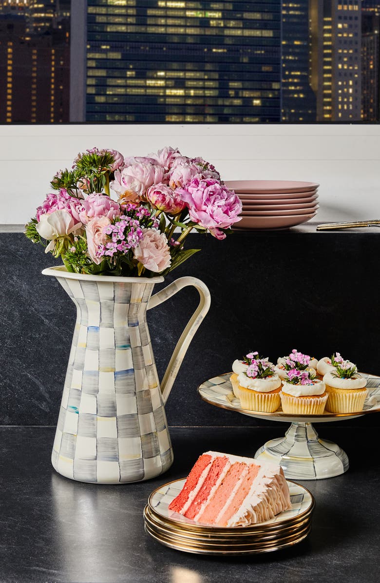 MACKENZIE CHILDS Sterling Check Large Enameled Steel Practical Pitcher, Alternate, color, Grey/ White