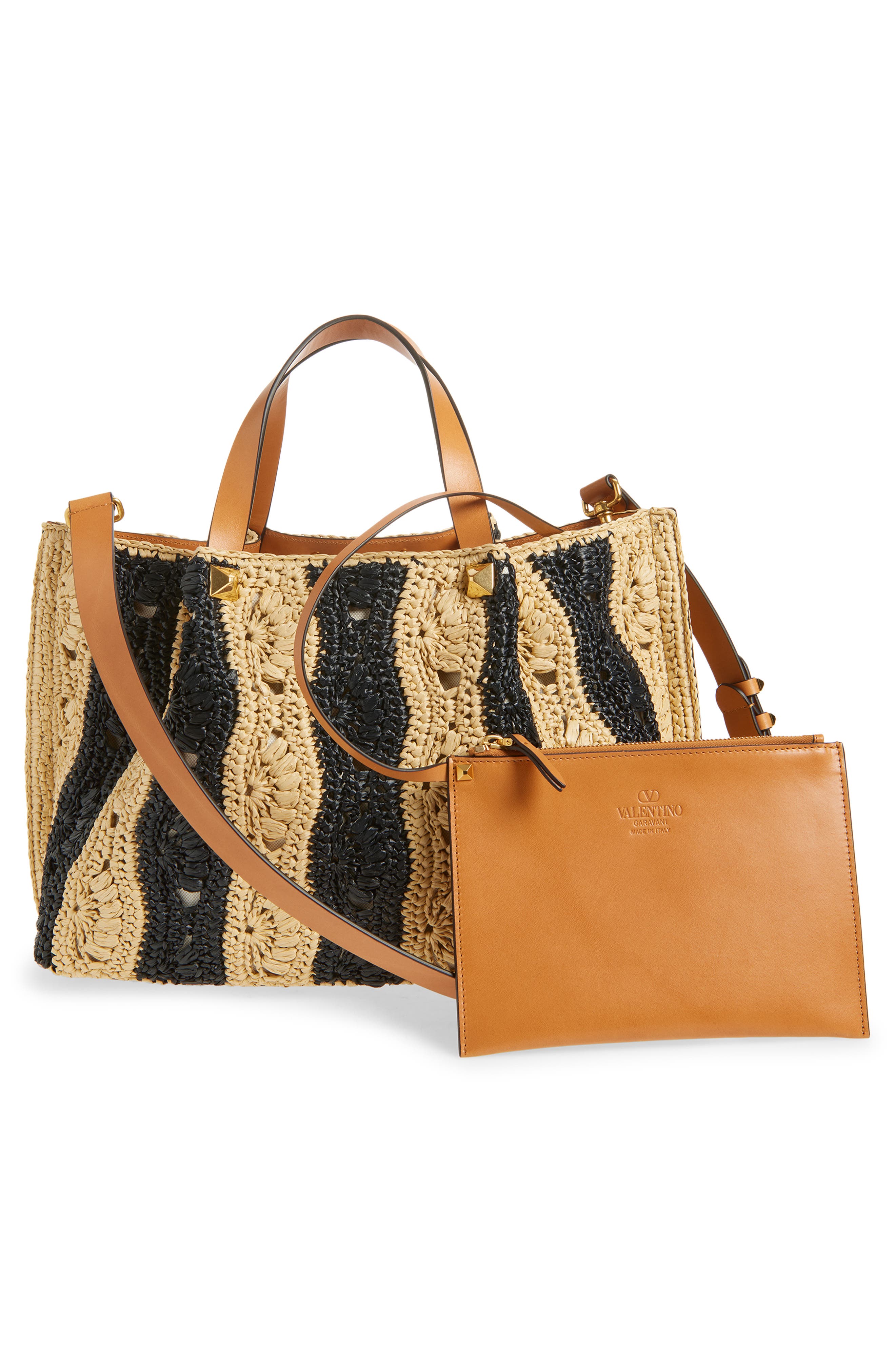 Valentino Garavani VLOGO Signature Crocheted Raffia Tote, Alternate, color, Natural/ Black