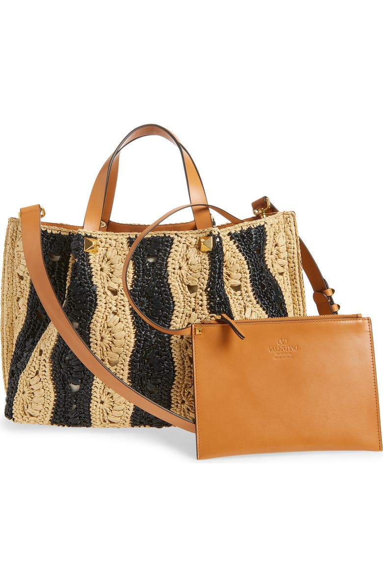 Valentino Garavani VLOGO Signature Crocheted Raffia Tote, Alternate, color, Natural/ Black