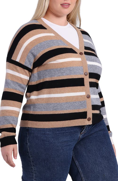 Minnie Rose Plus Size Striped Cashmere Cardigan In Neutral Combo