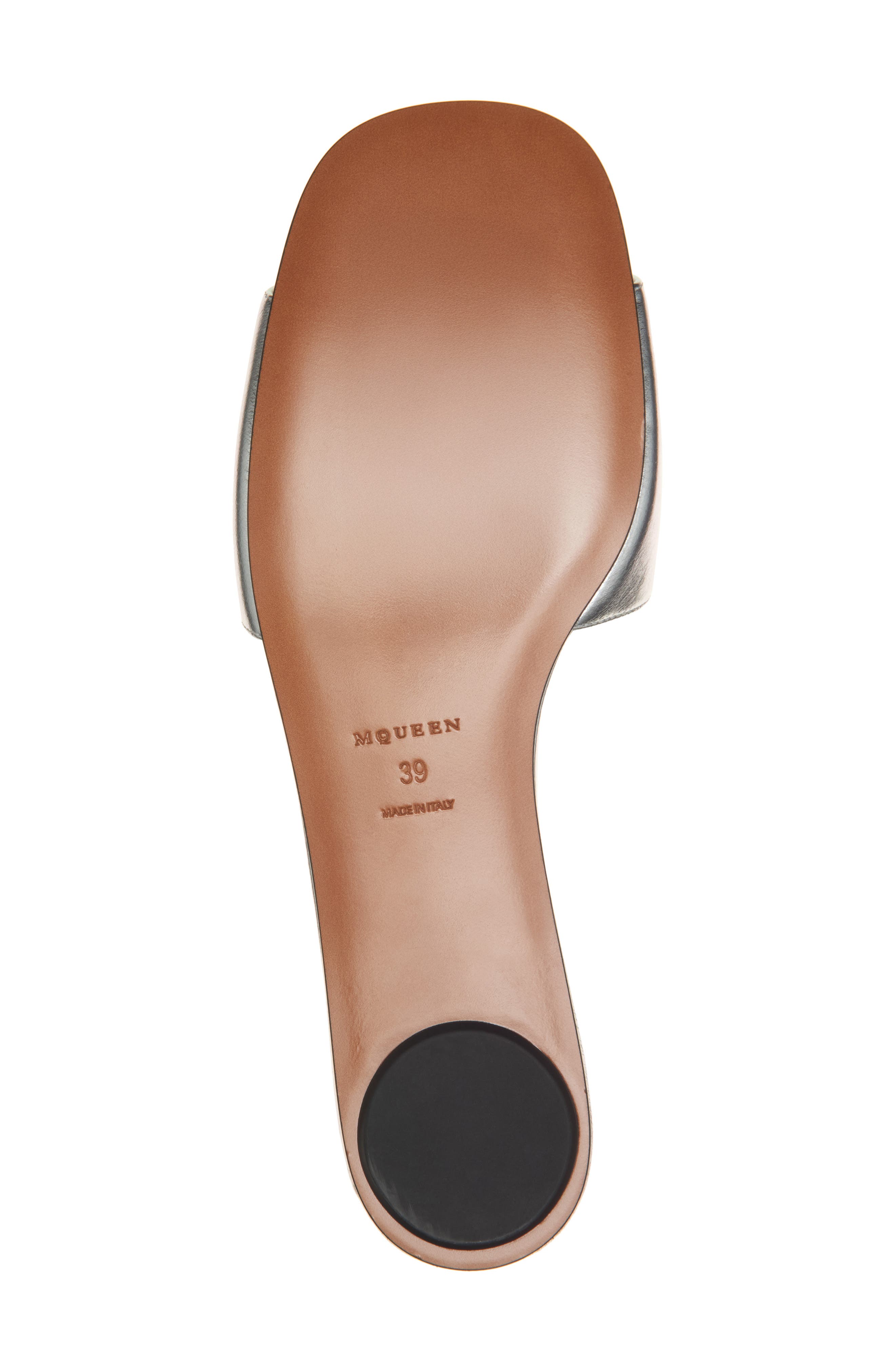 McQueen Metallic Leather Slide Sandal, Alternate, color, Silver/ Silver