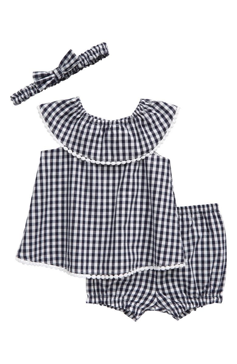 Little Me Gingham Swing Top, Bubble Shorts & Head Wrap Set, Main, color,