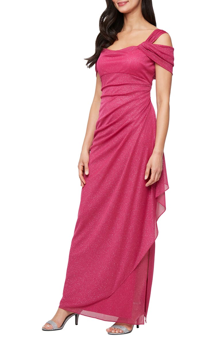 Alex Evenings Women's Cold Shoulder Ruffle Glitter Gown Gray Size 8 Petite