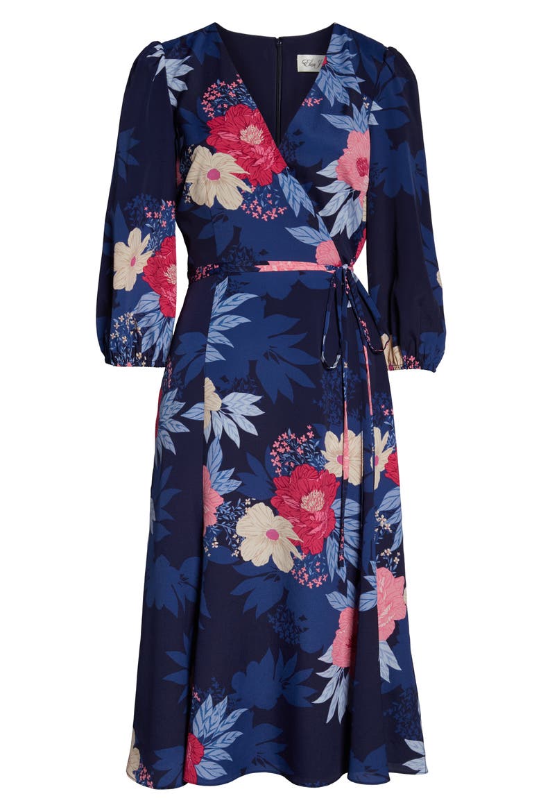 Floral Print Faux Wrap Midi Dress, Alternate, color, NAVY