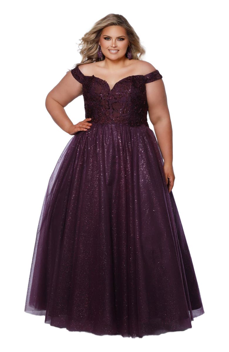 Sydney's Closet Off the Shoulder V-Neckline Plus Size Ballgown, Main, color, Plum